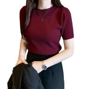 Round Neck Rib Knit Regular Top for Women